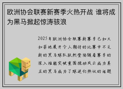 欧洲协会联赛新赛季火热开战 谁将成为黑马掀起惊涛骇浪 欧洲协会联赛新赛季火热开战 谁将成为黑马掀起惊涛骇浪