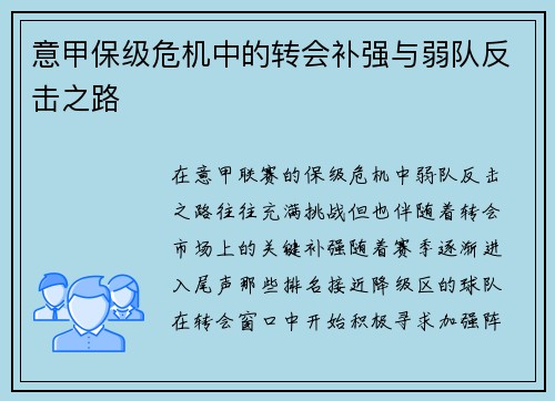意甲保级危机中的转会补强与弱队反击之路 意甲保级危机中的转会补强与弱队反击之路
